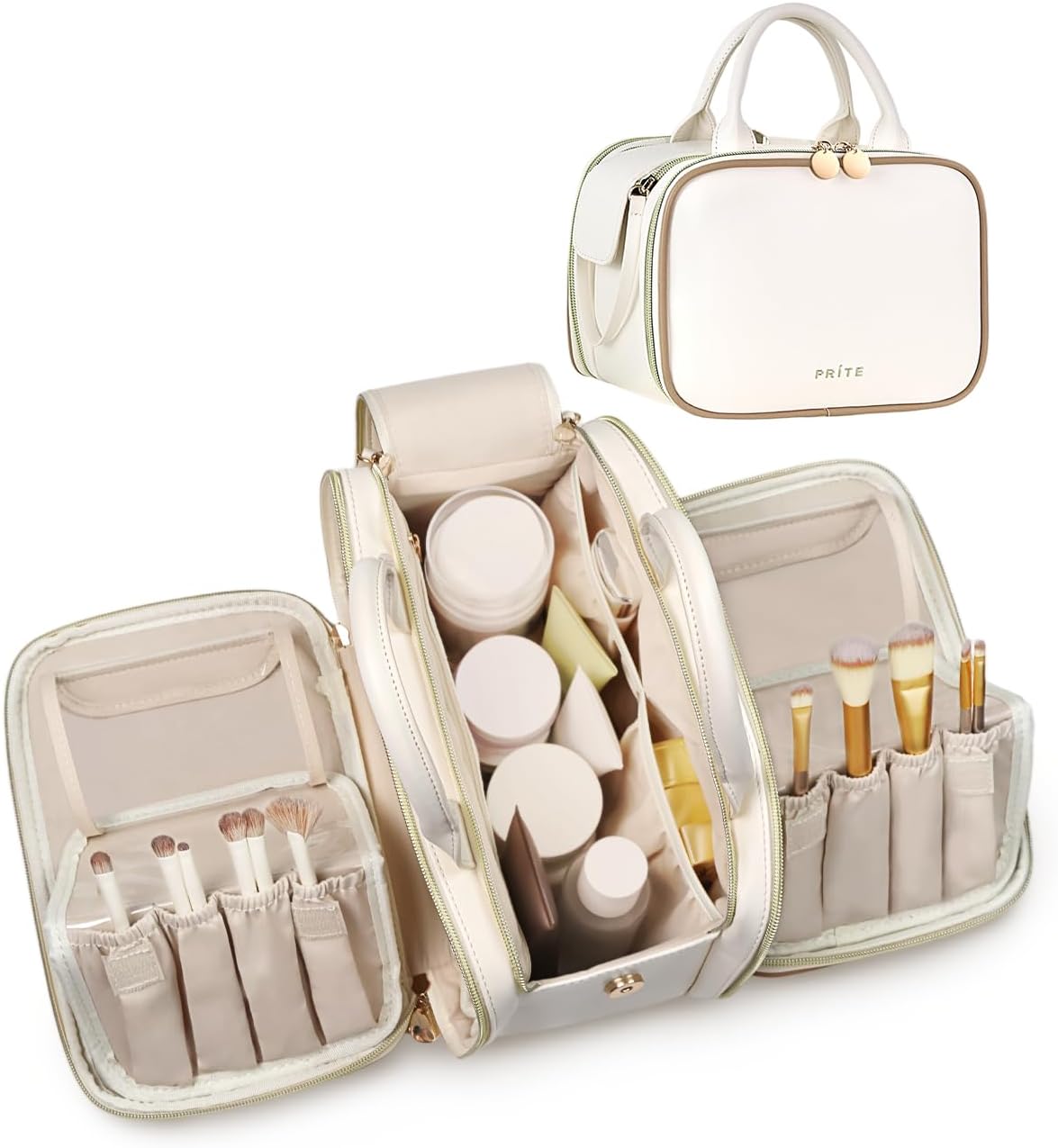 Prite Makeup Bag for Women, Large Capacity Waterproof Travel Cosmetic Organizer, Portable Open Flat Toiletry Bag with Free-standing Brush Holder and Handle(Beige Brown Medium)