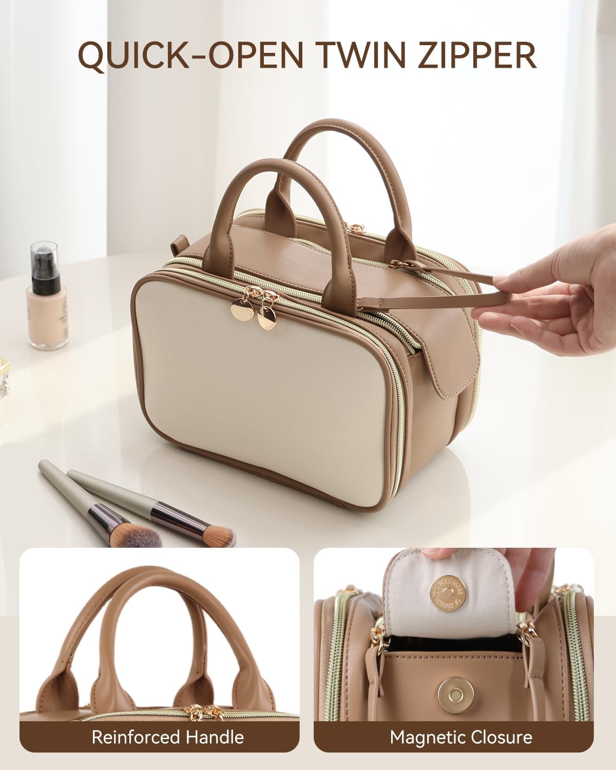 Prite Makeup Bag for Women, Large Capacity Waterproof Travel Cosmetic Organizer, Portable Open Flat Toiletry Bag with Free-standing Brush Holder and Handle(Beige Brown Medium)
