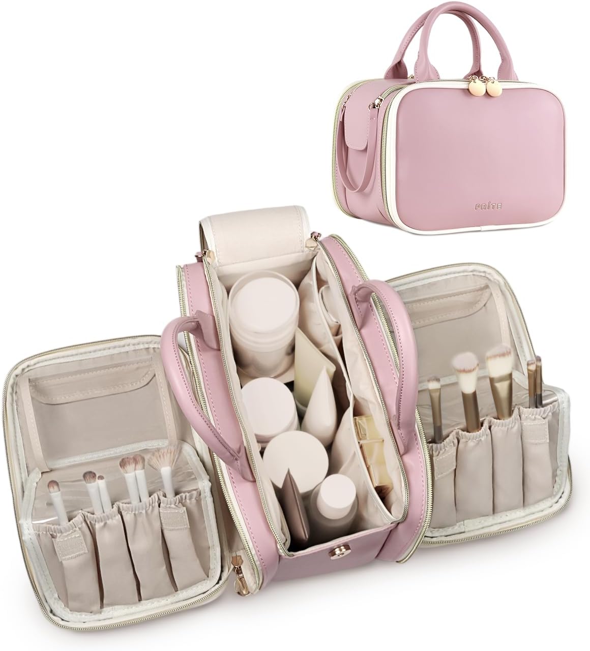 Prite Makeup Bag for Women, Large Capacity Waterproof Travel Cosmetic Organizer, Portable Open Flat Toiletry Bag with Free-standing Brush Holder and Handle(Beige Brown Medium)