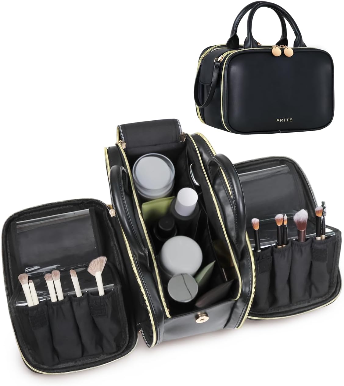 Prite Makeup Bag for Women, Large Capacity Waterproof Travel Cosmetic Organizer, Portable Open Flat Toiletry Bag with Free-standing Brush Holder and Handle(Beige Brown Medium)