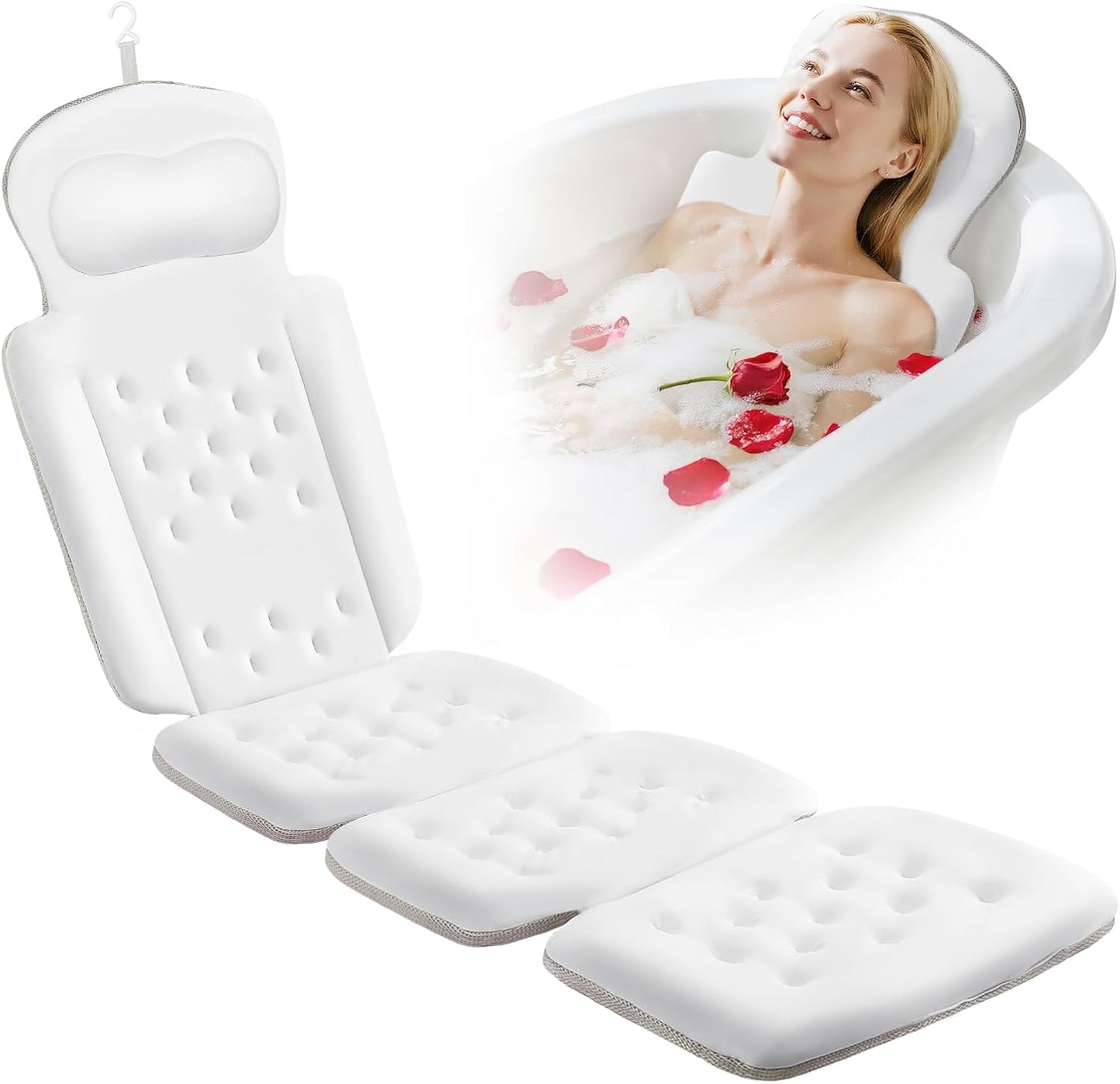 Full Body Bath Pillow, Luxury Bath Cushion with 192 Suction Cups, Bath Pillows for Tub for Head and Neck Support, with Laundry Bag White, 63" x 16"