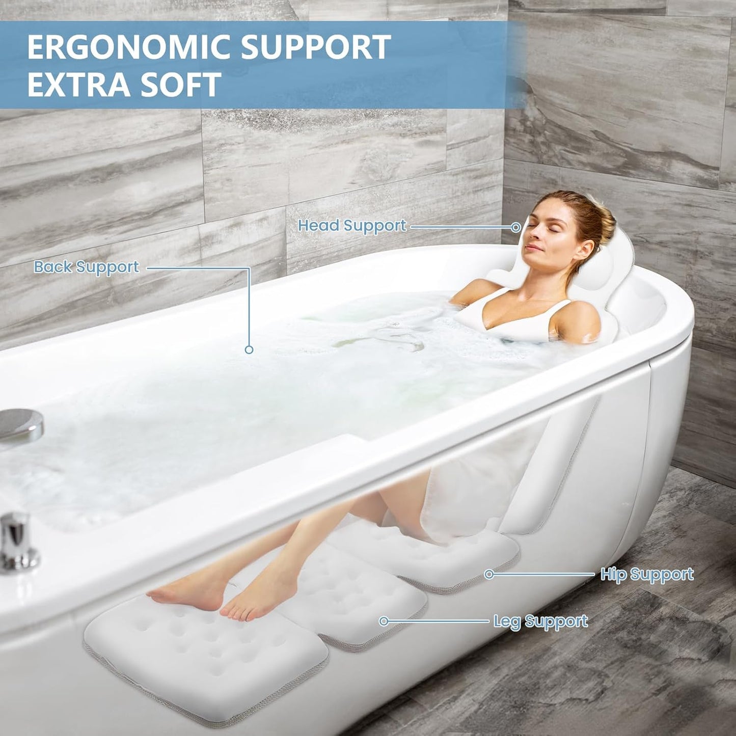 Full Body Bath Pillow, Luxury Bath Cushion with 192 Suction Cups, Bath Pillows for Tub for Head and Neck Support, with Laundry Bag White, 63" x 16"