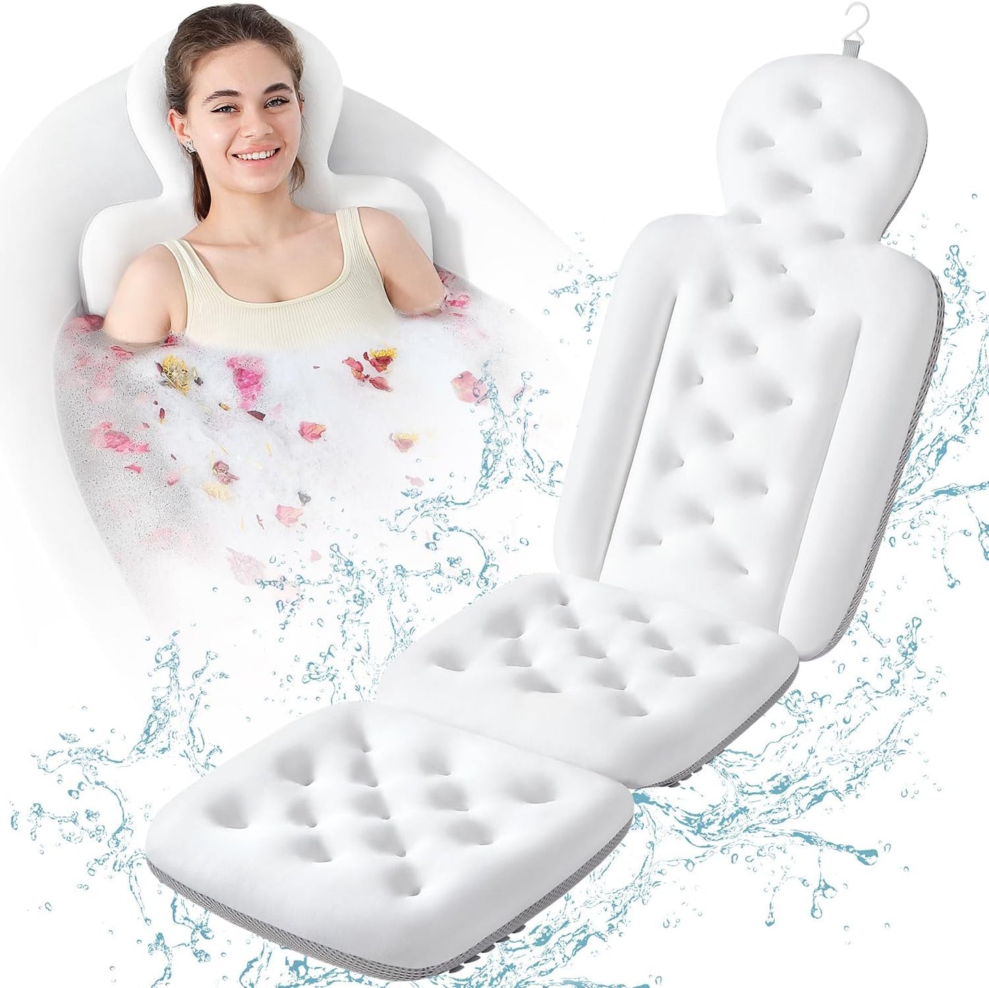Luxury Bath Cushion, Full Body Bathtub Pillow with 160 Suction Cups, Bath Mat for Head and Neck Support, with Laundry Bag (White, 60.2" x 16.2")