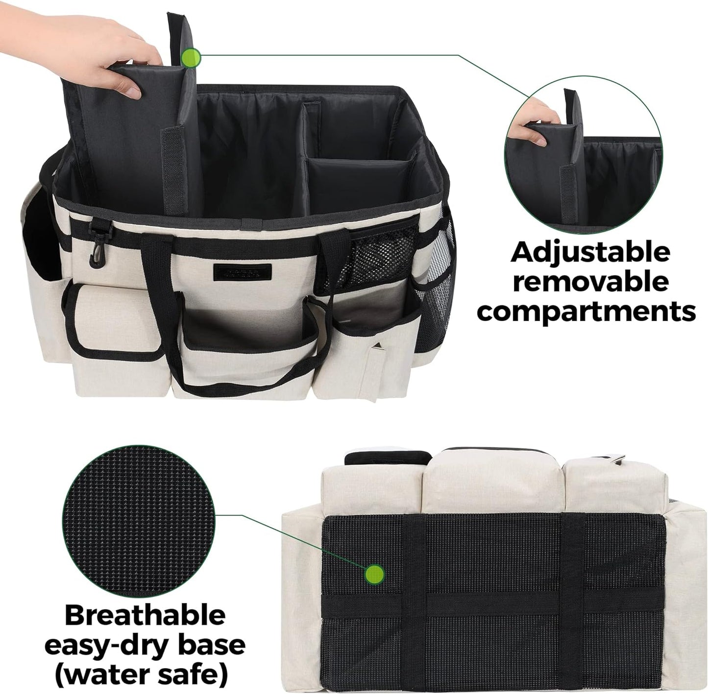 Cleaning Caddy Organizer with Handle - Large Caddy Bag for House & Bathroom Cleaning Supplies, 15 x 8 x 10.5 inches Cleaning Supply Caddy, Housekeeping Tote with Adjustable Strap - Beige