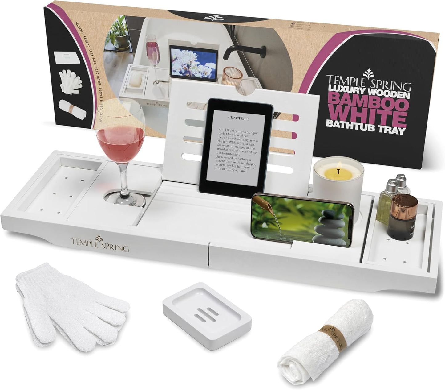 Temple Spring Wooden Bathtub Tray, Bamboo Bathroom Accessories, Bath Tray for Tub, at Home Spa Essentials, Board for Tub Table, Bath Caddy for Bathtub Accessories & Bathroom Essentials – Wood Brown