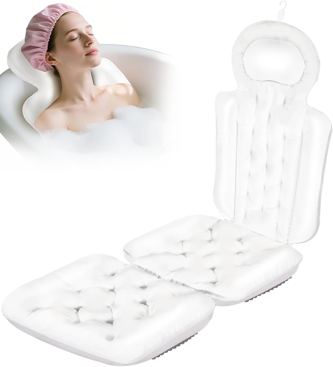 Full Body Bath Pillow for Bathtub, Thick Bathtub Cushion with Non Slip Suction Cups and Laundry Bag, Luxury Tub Pillow for Bath for Headrest Neck and Back Support White 51" x 16"