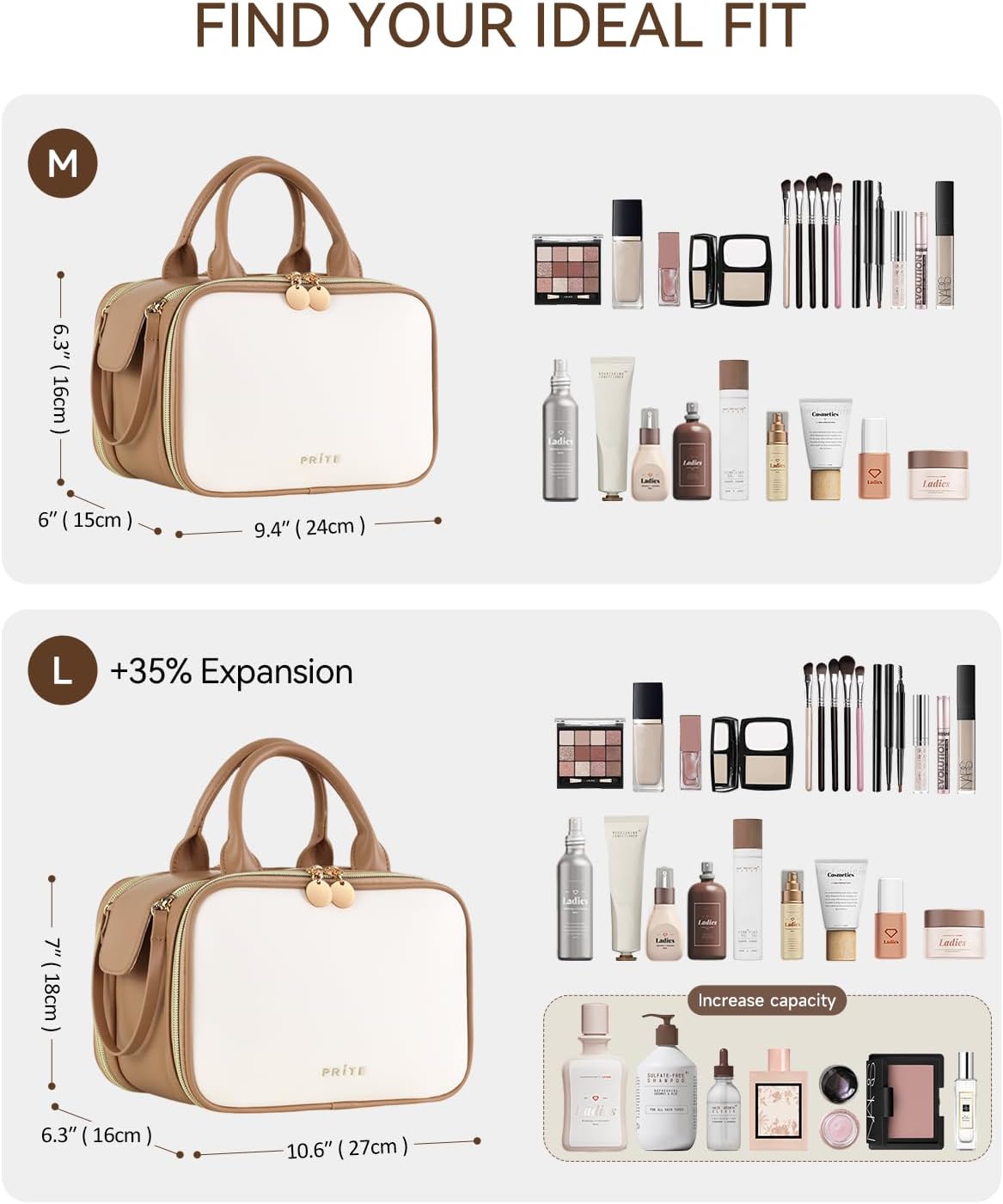 Prite Makeup Bag for Women, Large Capacity Waterproof Travel Cosmetic Organizer, Portable Open Flat Toiletry Bag with Free-standing Brush Holder and Handle(Beige Brown Medium)