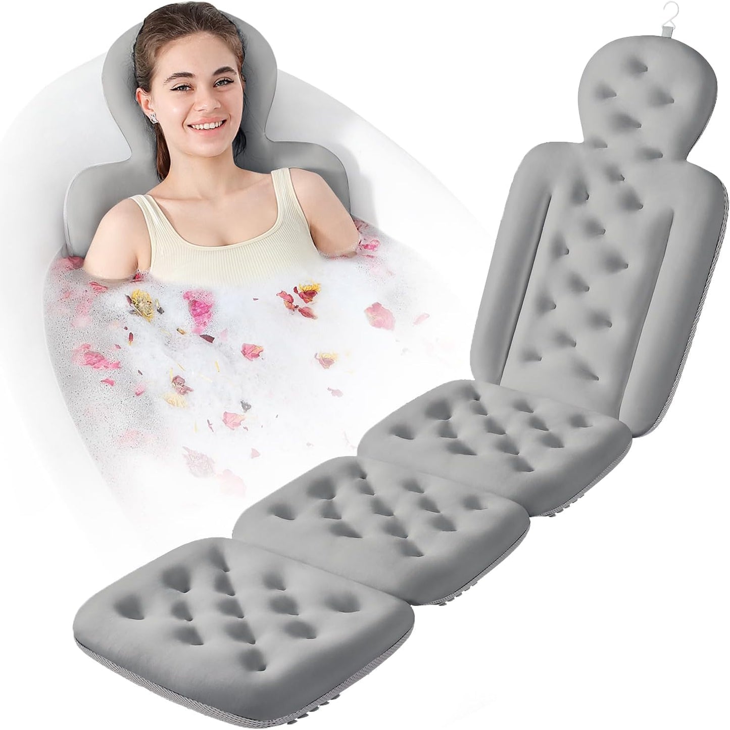 Luxury Bath Cushion, Full Body Bathtub Pillow with 160 Suction Cups, Bath Mat for Head and Neck Support, with Laundry Bag (White, 60.2" x 16.2")