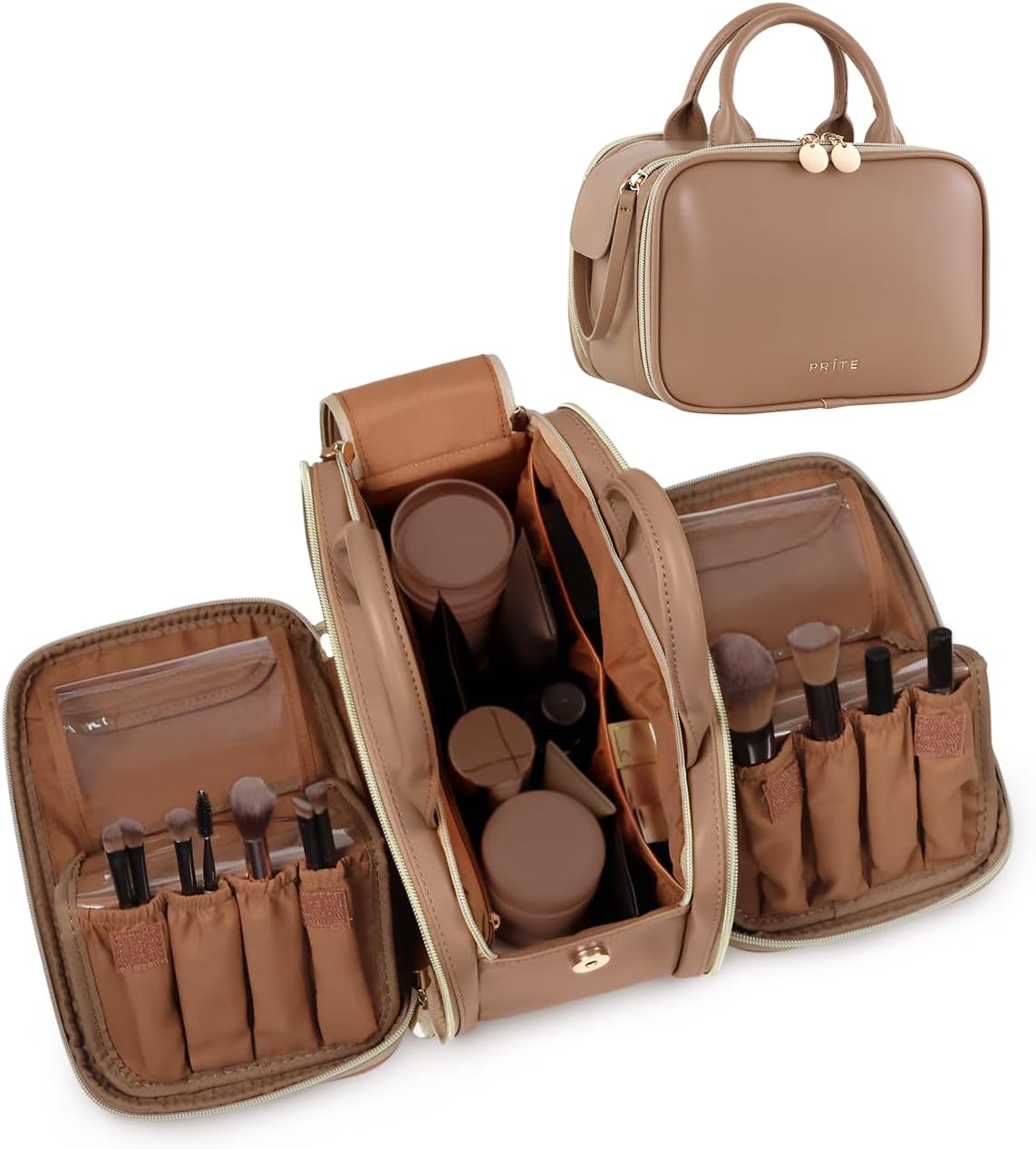 Prite Makeup Bag for Women, Large Capacity Waterproof Travel Cosmetic Organizer, Portable Open Flat Toiletry Bag with Free-standing Brush Holder and Handle(Beige Brown Medium)