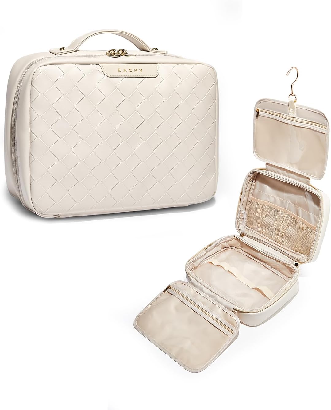 EACHY Toiletry Bag with Hanging Hook, Travel Makeup Bag PU Leather Cosmetic Bags for Women Make Up Organizer with 4 Compartments Waterproof Full-Size Portable Travel Essentials (Beige)