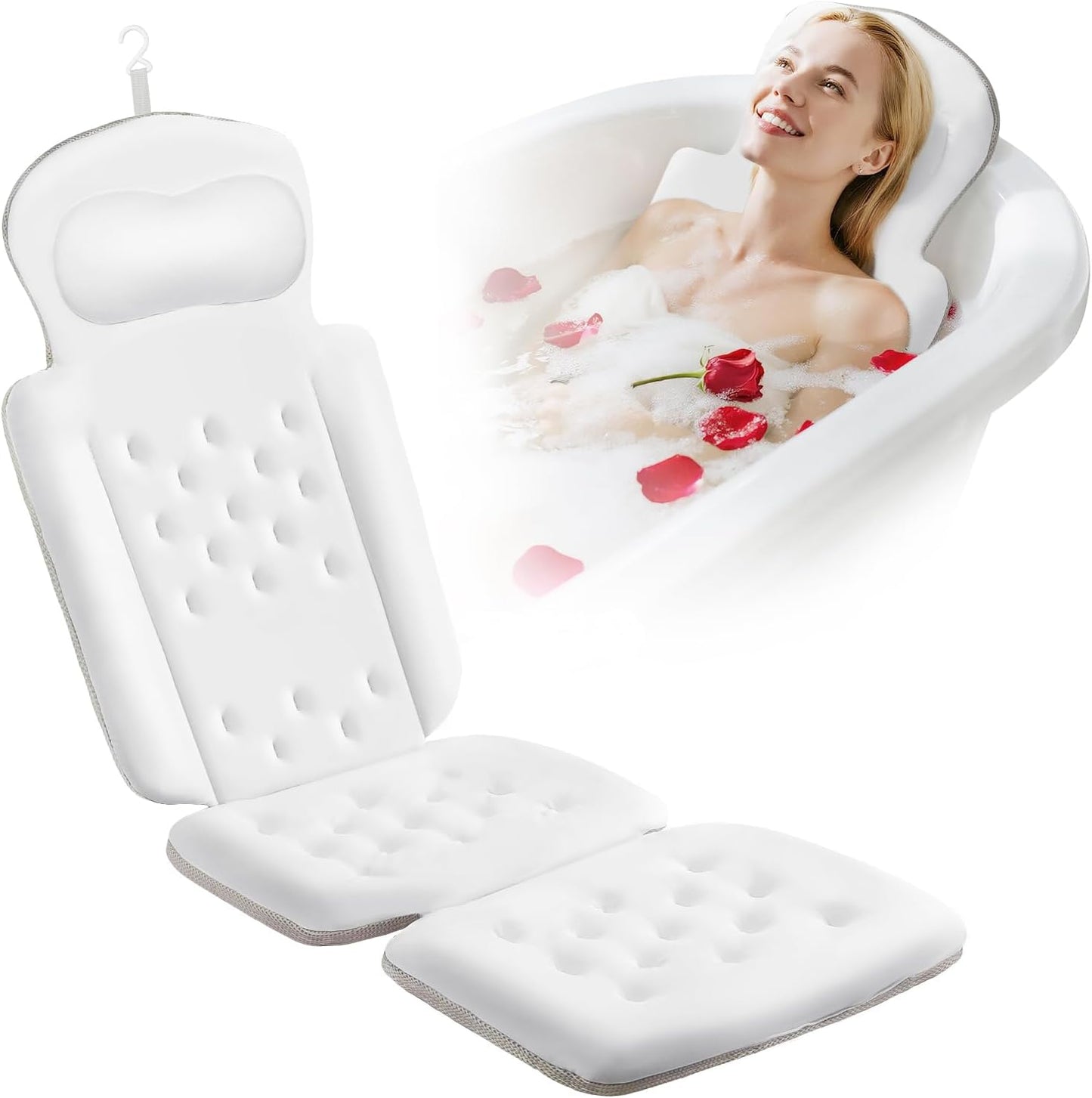 Full Body Bath Pillow, Luxury Bath Cushion with 192 Suction Cups, Bath Pillows for Tub for Head and Neck Support, with Laundry Bag White, 63" x 16"