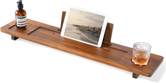 Walnut Bathtub Tray Caddy - 35" Wide Adjustable for Freestanding Tubs, Non-Slip Phone/Wine Holder