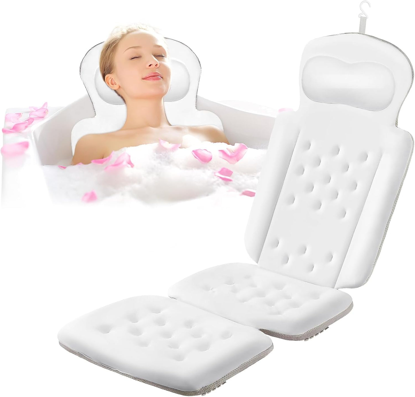 Luxury Full Body Bath Pillow for Bathtub, Bath Pillows for Tub with Mesh Laundry Bag, Cushion for Bathtub Headrest Neck Back Support - 5D Air Mesh & Quick Drying | White 63" x 16"