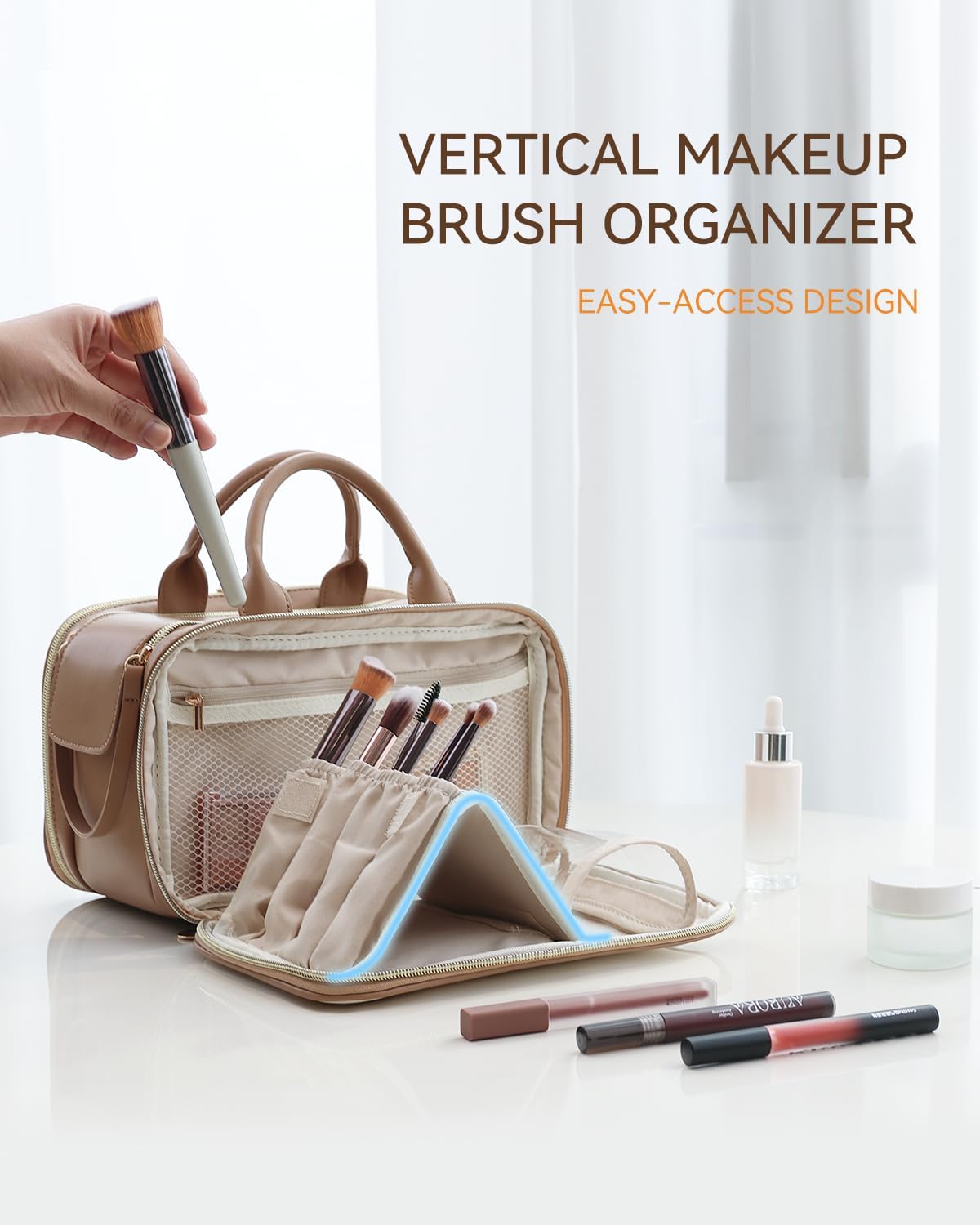 Prite Makeup Bag for Women, Large Capacity Waterproof Travel Cosmetic Organizer, Portable Open Flat Toiletry Bag with Free-standing Brush Holder and Handle(Beige Brown Medium)