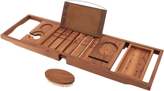 VaeFae Premium Teak Bathtub Tray, Expandable Wooden Bath Tray for Tub, Luxury Bathtub & Bathroom Accessories, Great House Warming, Anniversary & Wedding and Birthday Gifts (Free Teak Body Brush)