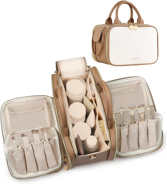 Prite Makeup Bag for Women, Large Capacity Waterproof Travel Cosmetic Organizer, Portable Open Flat Toiletry Bag with Free-standing Brush Holder and Handle(Beige Brown Medium)