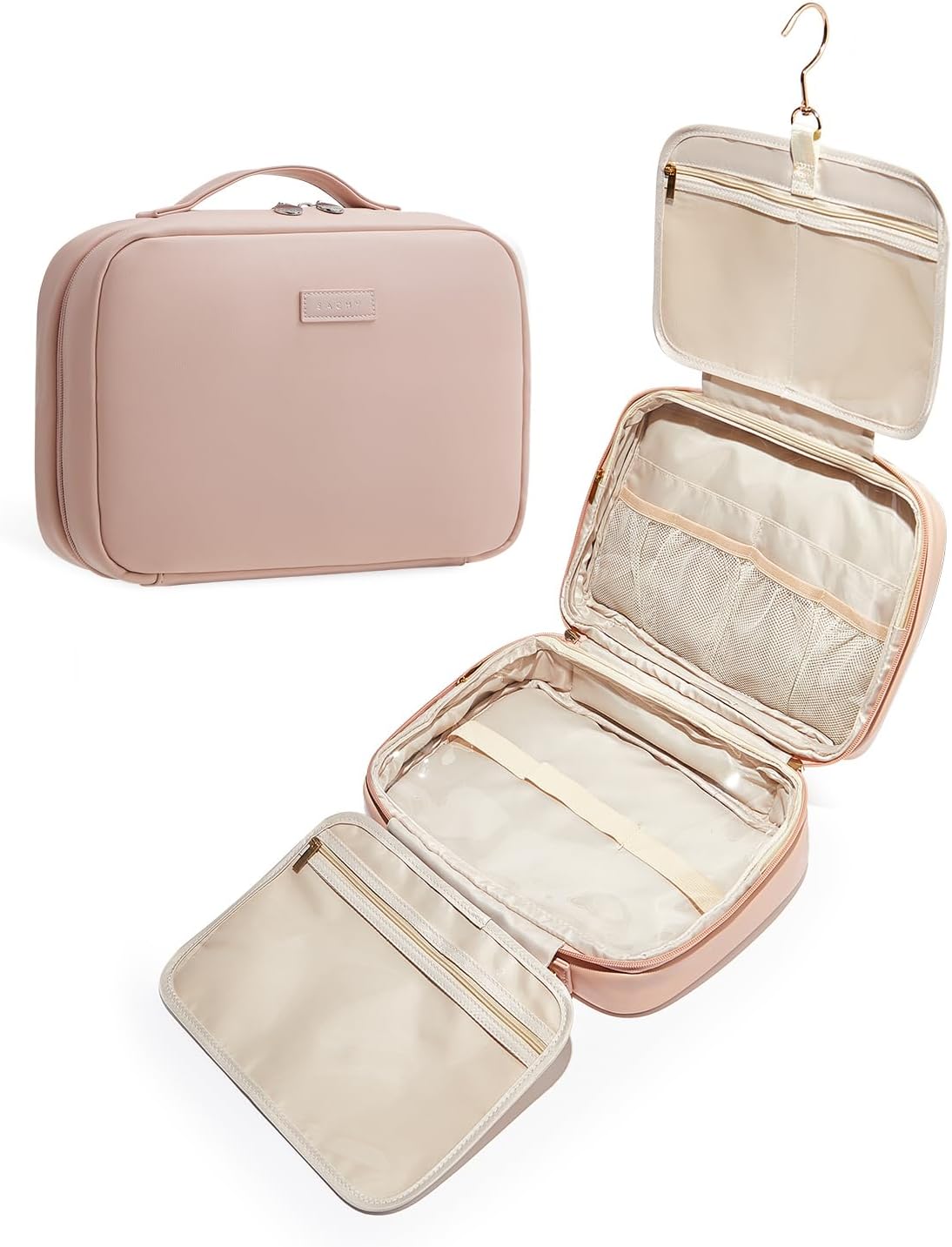 EACHY Toiletry Bag with Hanging Hook, Travel Makeup Bag PU Leather Cosmetic Bags for Women Make Up Organizer with 4 Compartments Waterproof Full-Size Portable Travel Essentials (Beige)