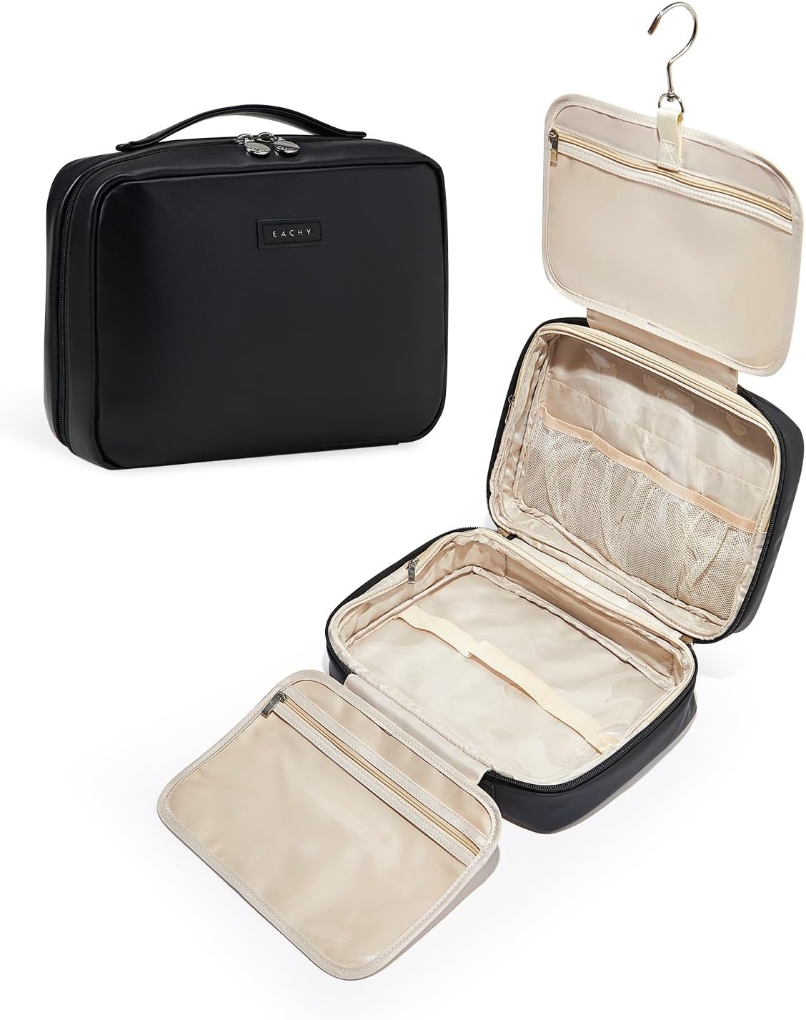 EACHY Toiletry Bag with Hanging Hook, Travel Makeup Bag PU Leather Cosmetic Bags for Women Make Up Organizer with 4 Compartments Waterproof Full-Size Portable Travel Essentials (Beige)