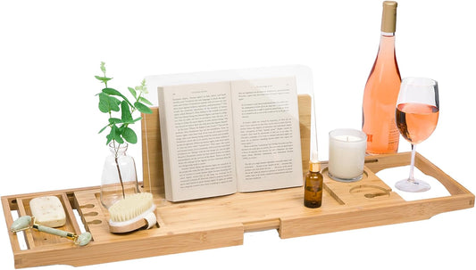 Waterproof Shield Keeps Your Book Open – Extendable Bamboo Bathtub Tray with Wine Glass Holder Protects from Drips and Splashes - Luxury Bath Tub Caddy Tray for Relaxing in The Bathtub
