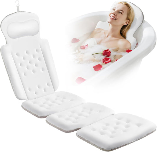 Full Body Bath Pillow, Luxury Bath Cushion with 192 Suction Cups, Bath Pillows for Tub for Head and Neck Support, with Laundry Bag White, 63" x 16"