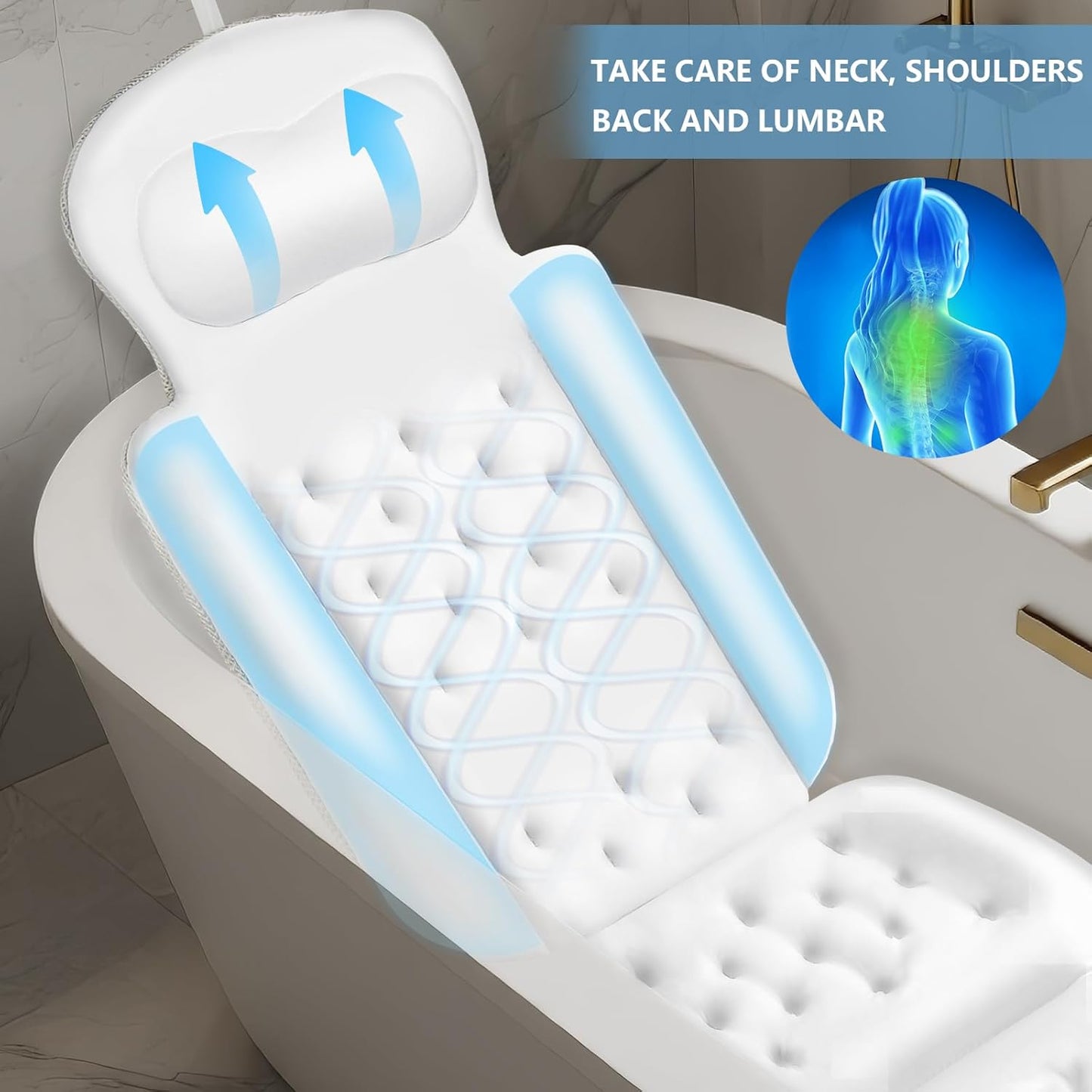 Full Body Bath Pillow, Luxury Bath Cushion with 192 Suction Cups, Bath Pillows for Tub for Head and Neck Support, with Laundry Bag White, 63" x 16"