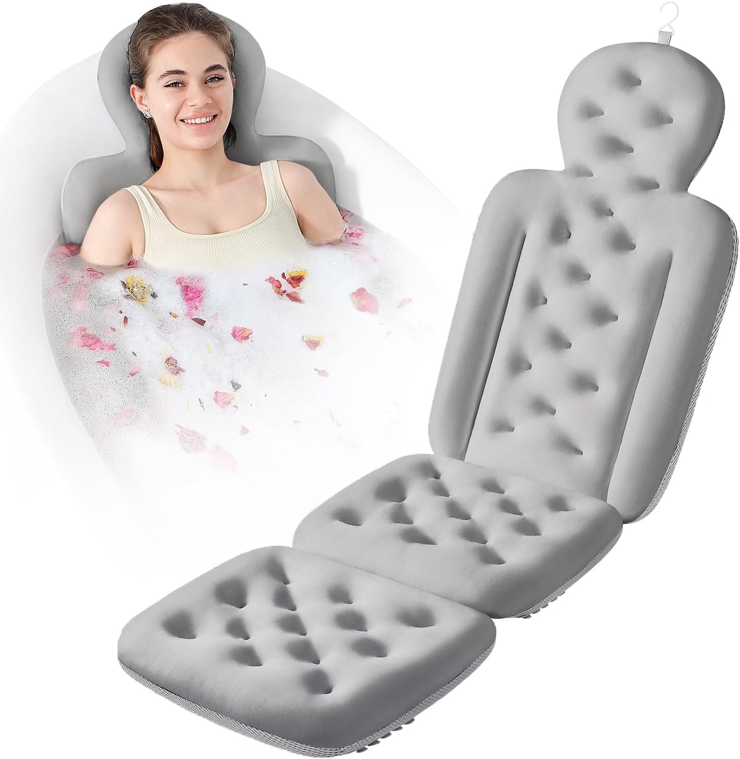 Luxury Bath Cushion, Full Body Bathtub Pillow with 160 Suction Cups, Bath Mat for Head and Neck Support, with Laundry Bag (White, 60.2" x 16.2")