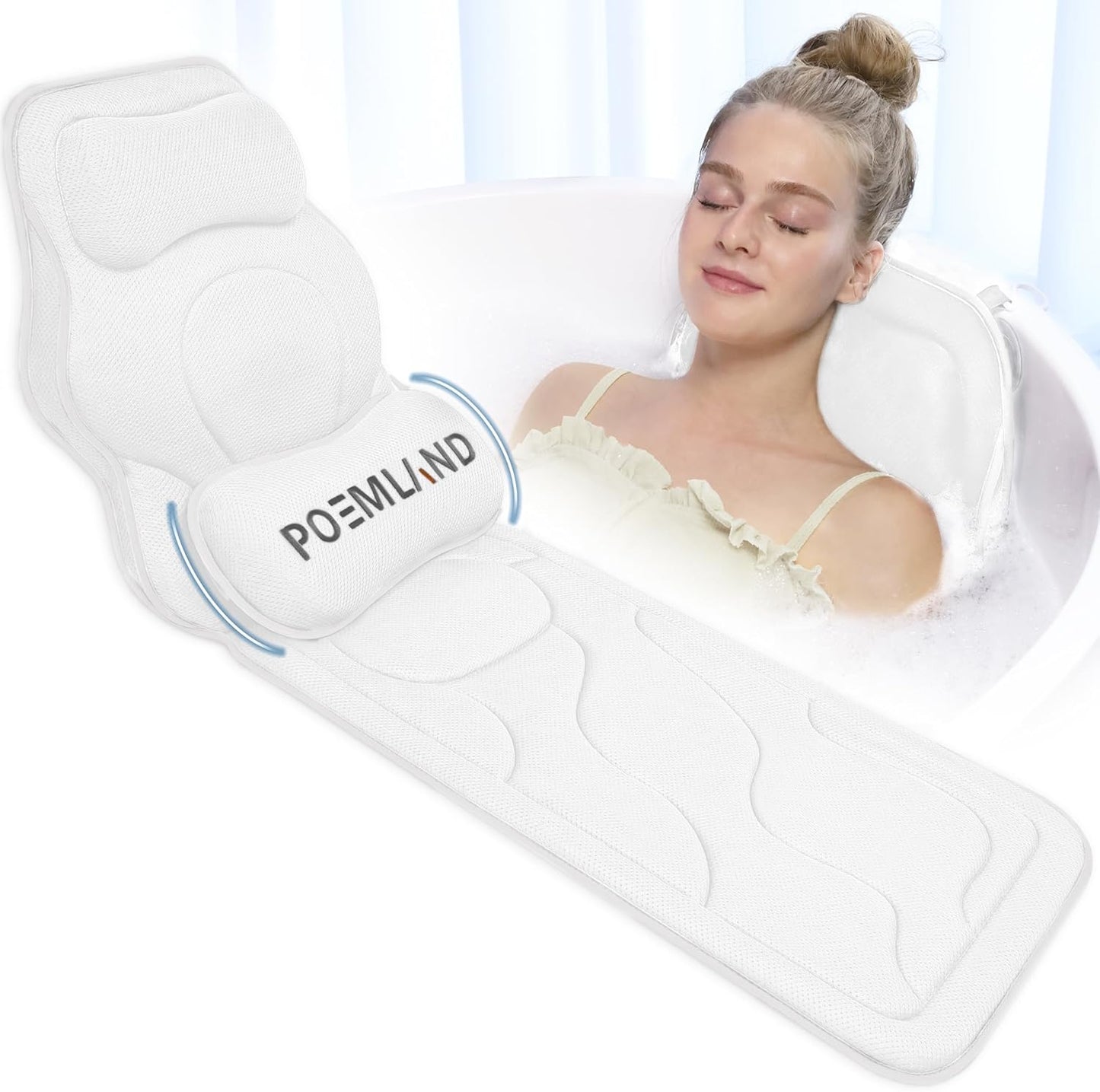 Full Body Bath Pillow for Tub - Extra Long & Thick Tub Pillow with Head, Back & Lumbar Support, 168 Non-Slip Suction Cups, Soft 5D Mesh Spa Cushion, Fits All Tubs-Gift for Soaking