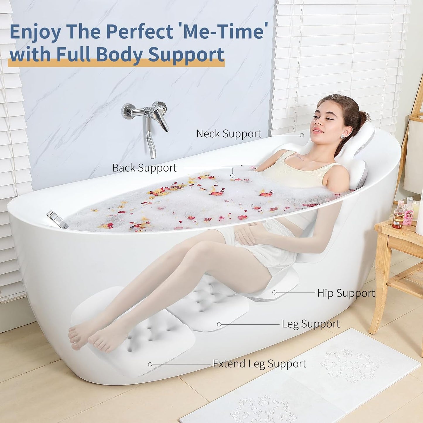 Luxury Bath Cushion, Full Body Bathtub Pillow with 160 Suction Cups, Bath Mat for Head and Neck Support, with Laundry Bag (White, 60.2" x 16.2")