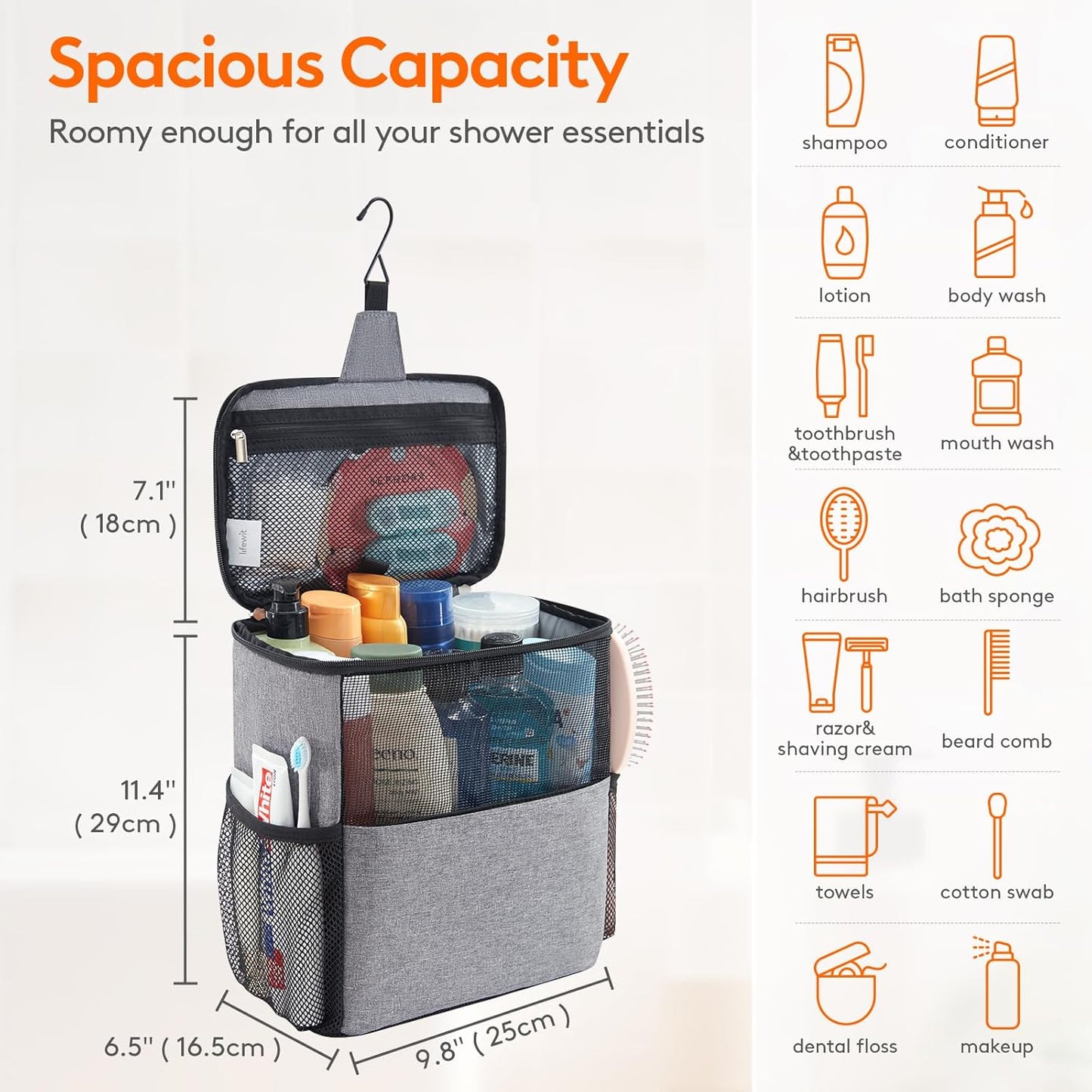 Lifewit Mesh Shower Caddy Bag Portable College Dorm Room Essentials Caddy Tote Basket for Bathroom, Gym, Travel, Camping Quick Dry Hanging Shower Organizer Toiletry Bag for Women Wen, Large, Gray