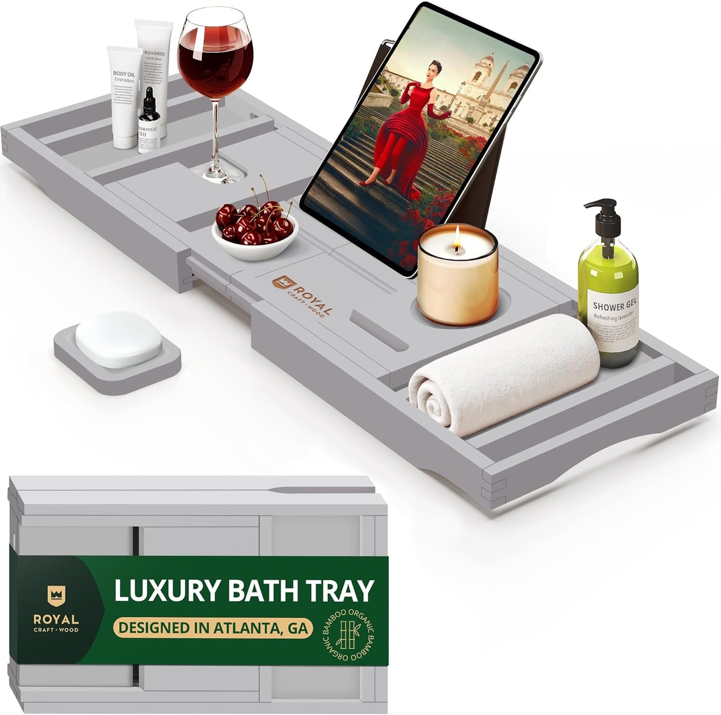 ROYAL CRAFT WOOD Bathtub Tray Caddy for Tub, Bamboo Bath Shelf, Premium Foldable Wood Bath Table, Expandable Bathtub & Bathroom Accessories, New Home Gifts for Mom, Housewarming, Anniversary, Wedding