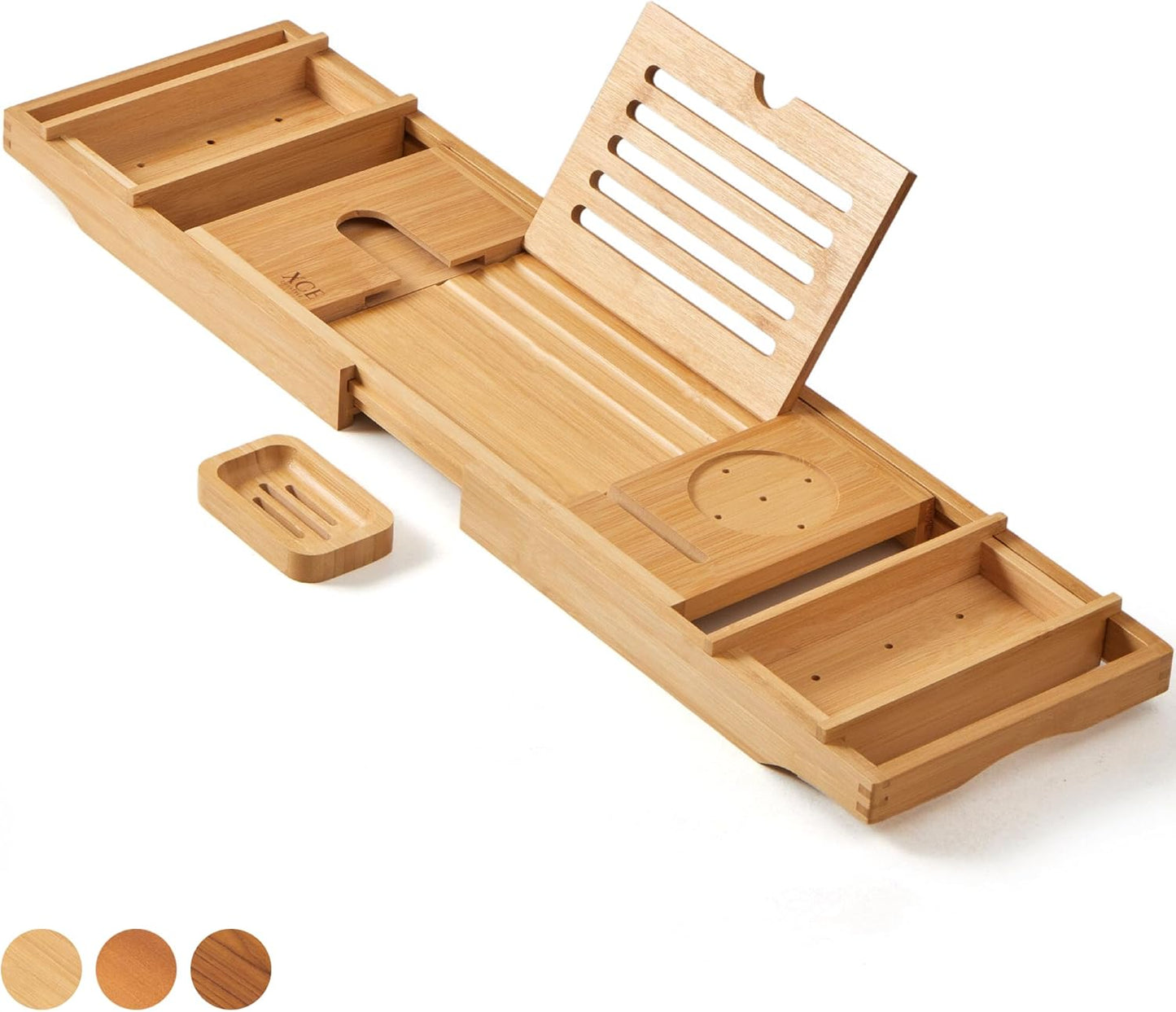 XcE Teak Bathtub Tray Expandable to 105cm with Solid Book Stand and Soap Tray, Teak