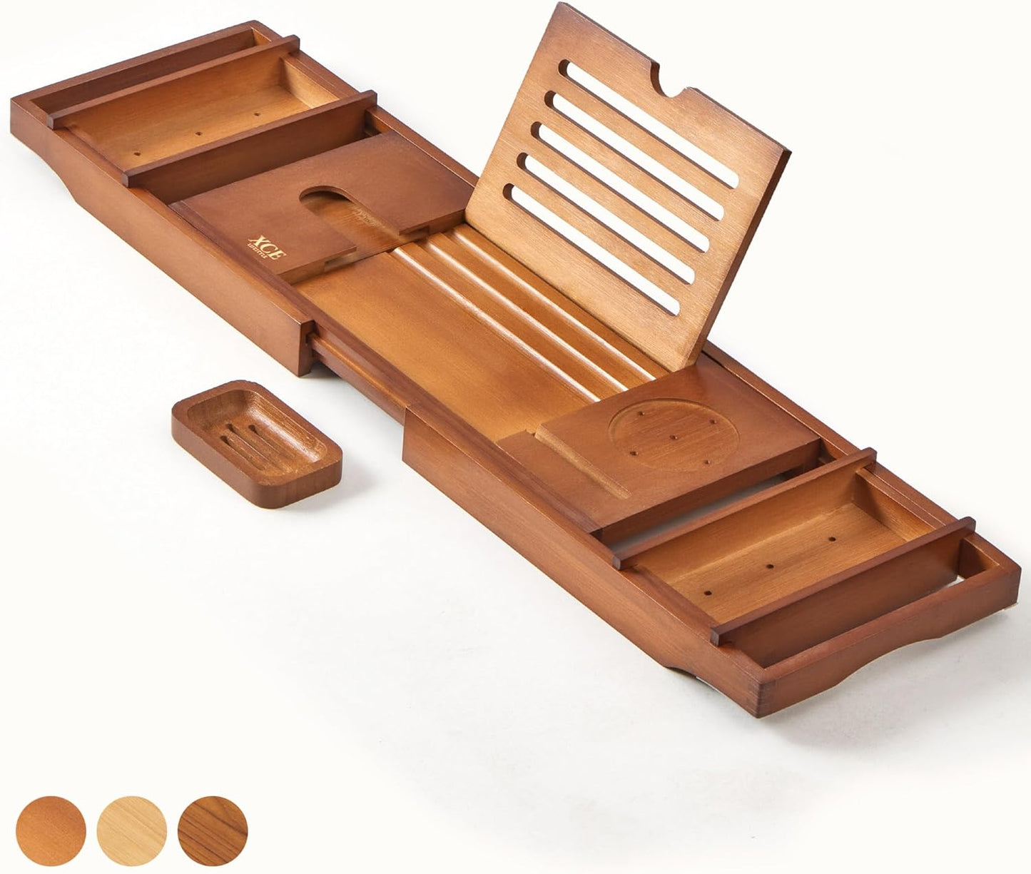 XcE Teak Bathtub Tray Expandable to 105cm with Solid Book Stand and Soap Tray, Teak