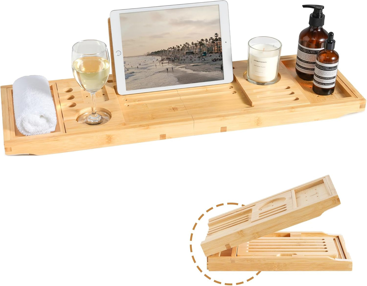 Bamboo Bathtub Tray Caddy - Splash-Proof Adjustable (28.5-40") with Wine Holder, Tablet Stand & Non-Slip Grip | Spa-Grade Organizer for Bath Essentials & Reading- Walnut
