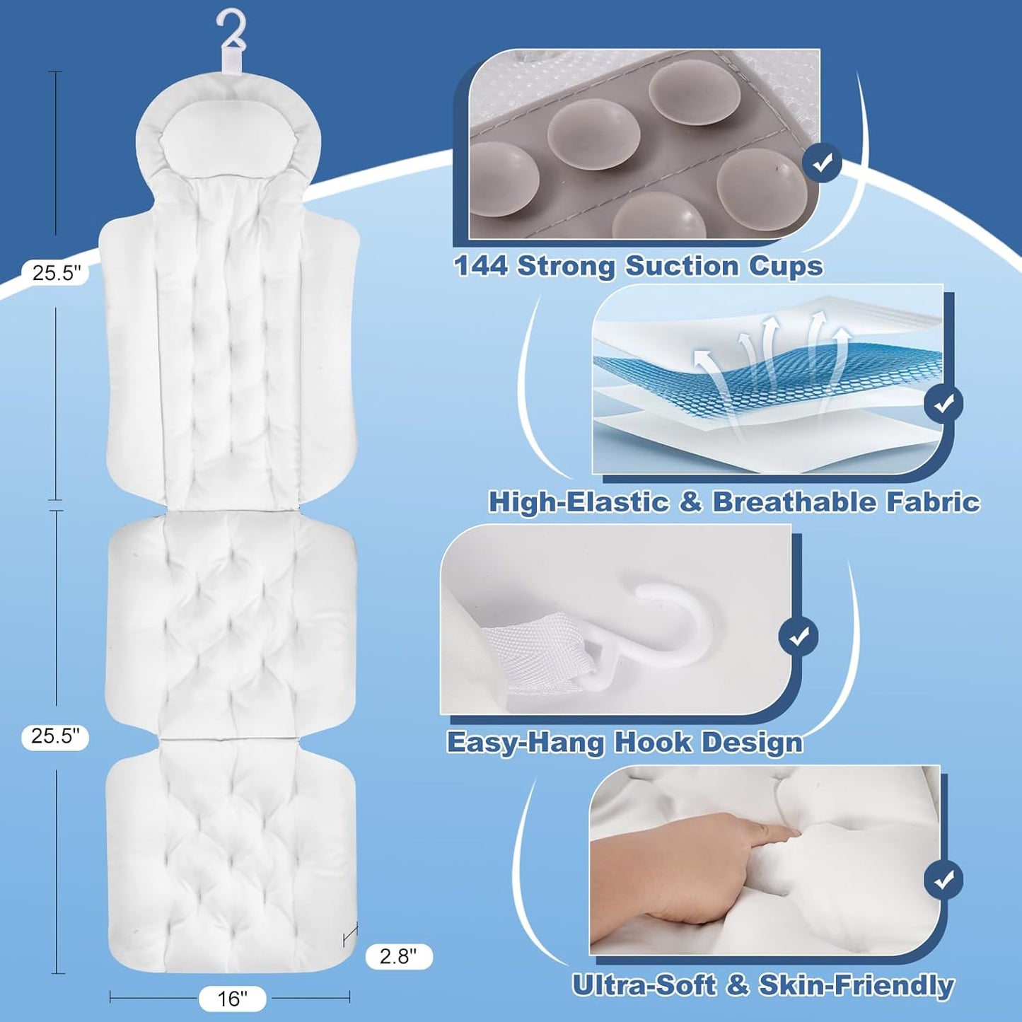 Full Body Bath Pillow for Bathtub, Thick Bathtub Cushion with Non Slip Suction Cups and Laundry Bag, Luxury Tub Pillow for Bath for Headrest Neck and Back Support White 51" x 16"