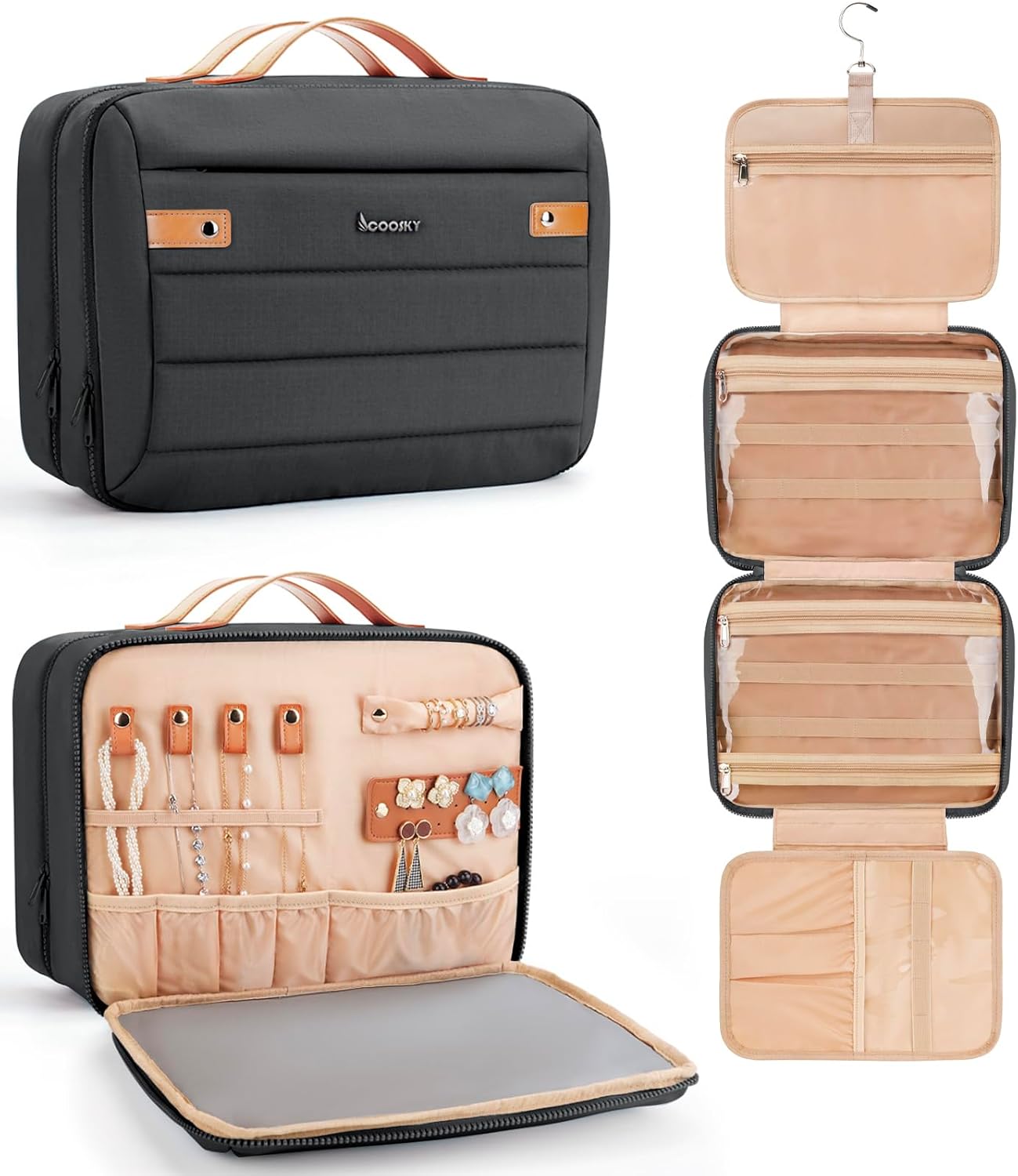 Women's Hanging Toiletry Bag, Waterproof Travel Cosmetic Organizer with Jewelry Storage, Large Capacity Makeup Case for Full-Size Skincare & Bathroom Essentials, Portable Cosmetic kit, Blue