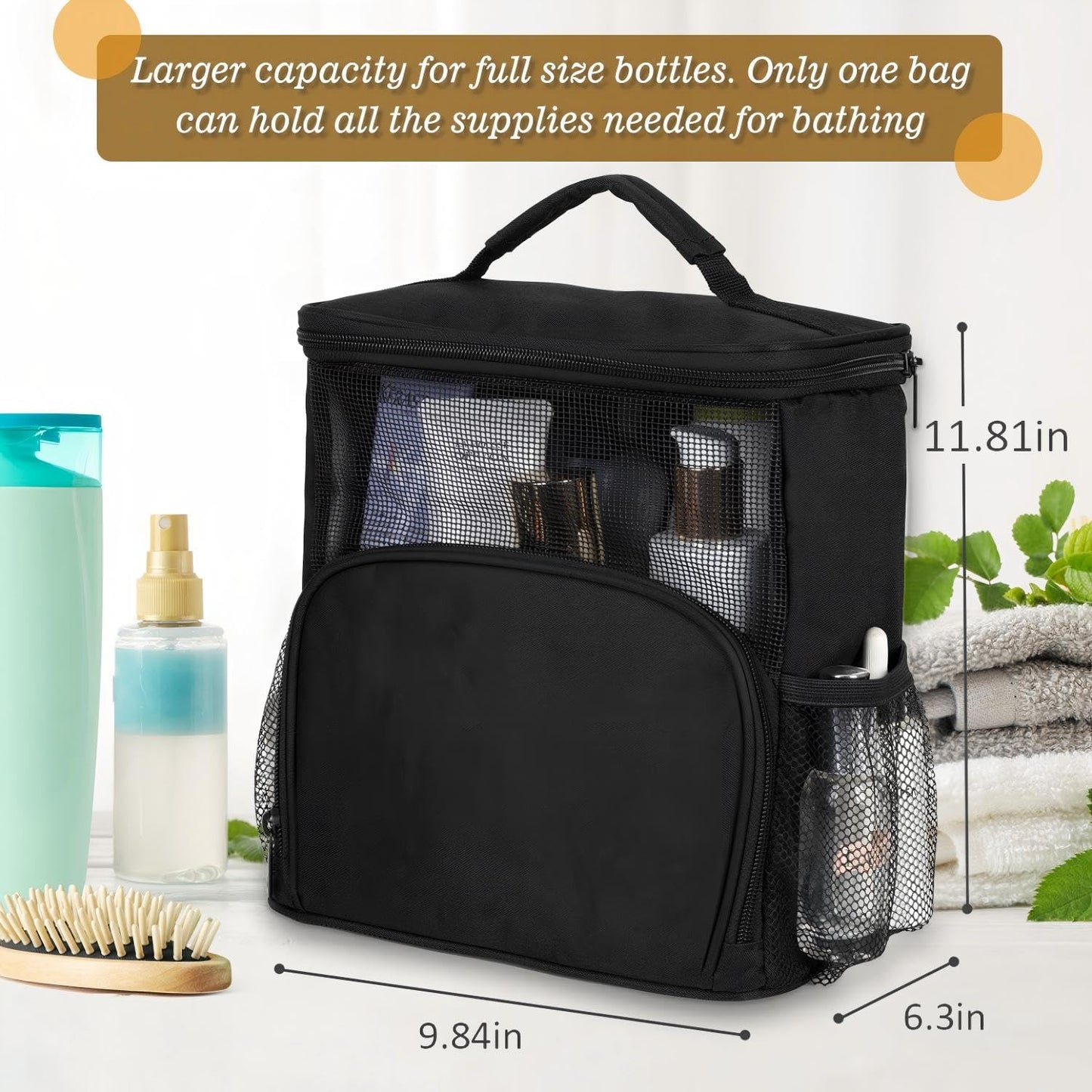 Large Shower Caddy Portable for College Dorm, Hanging Mesh Shower Bag with Hook for Camping Drain from Bottom - Dorm Room Essentials for Guys - Travel Men Women, Black
