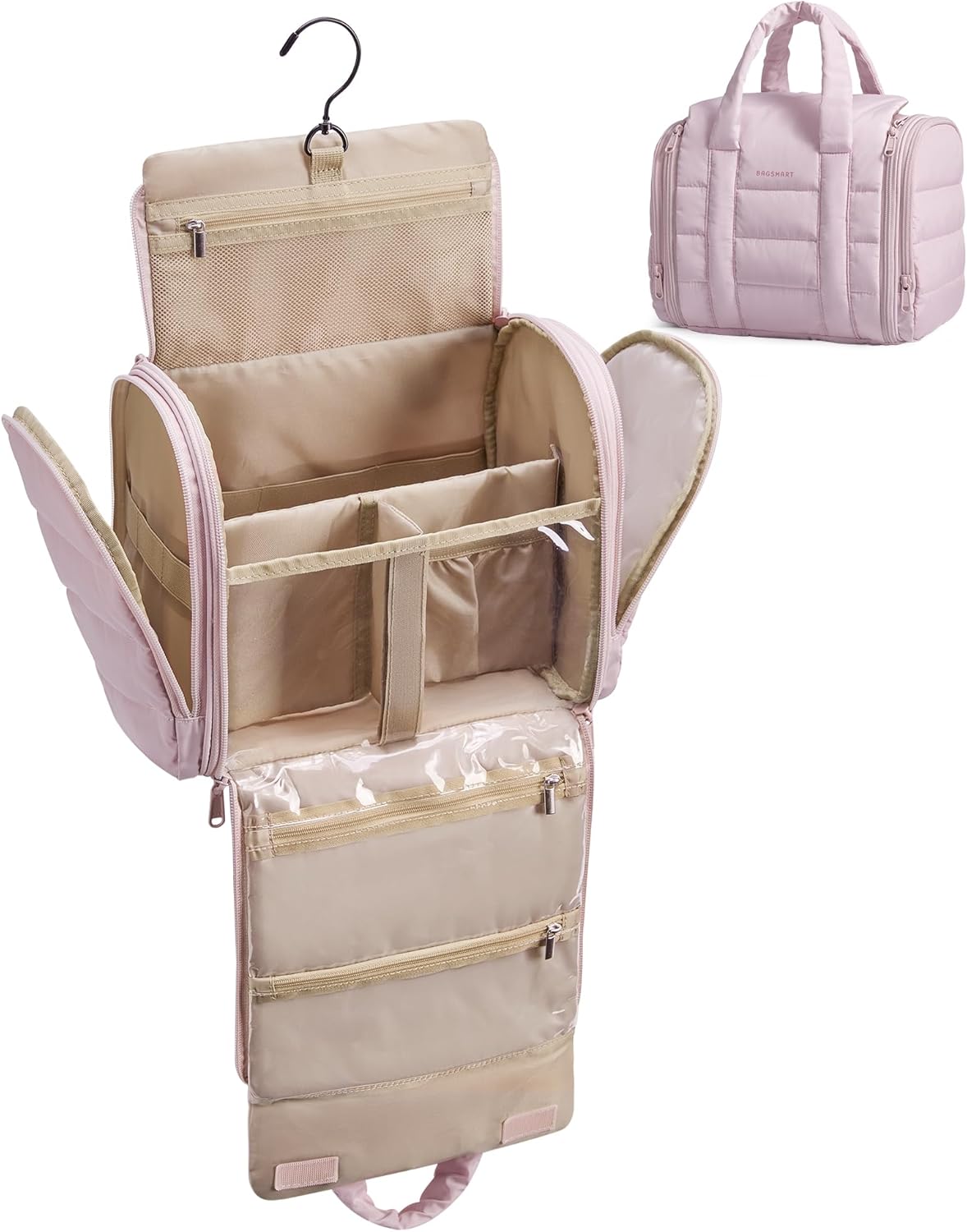 BAGSMART Puffy Travel Makeup Bag, Portable Hanging Toiletry Organizer with Removable Partition, Organizer for Travel-Sized Shampoo, Conditioner, Brushes Set, makeup Accessories, Camel
