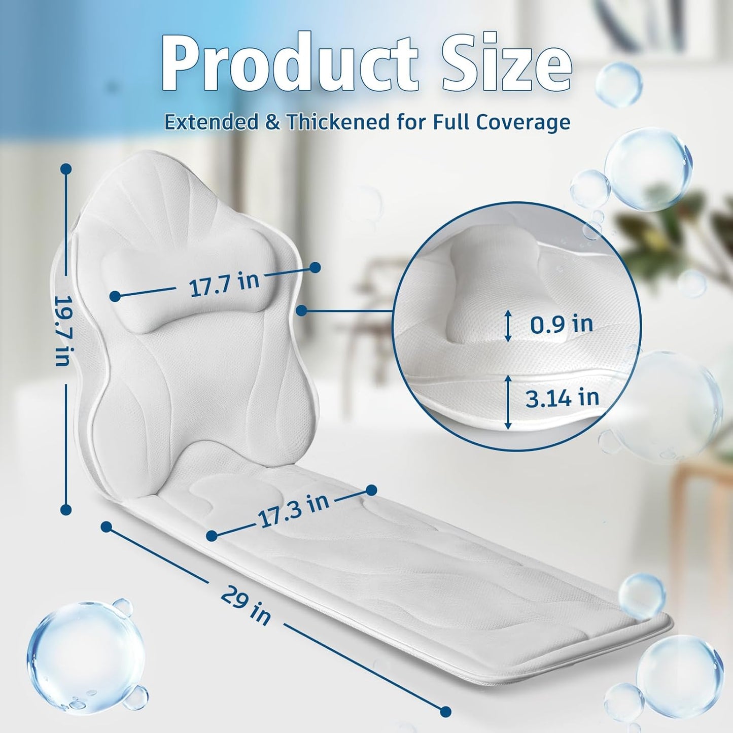 Luxury Thick Full Body Bath Pillows Mat & Cushion for Bathtub Headrest Neck Shoulder Support Comfort Relaxation Spa Accessories Perfect for a Spa Soak in Bathtub (White)