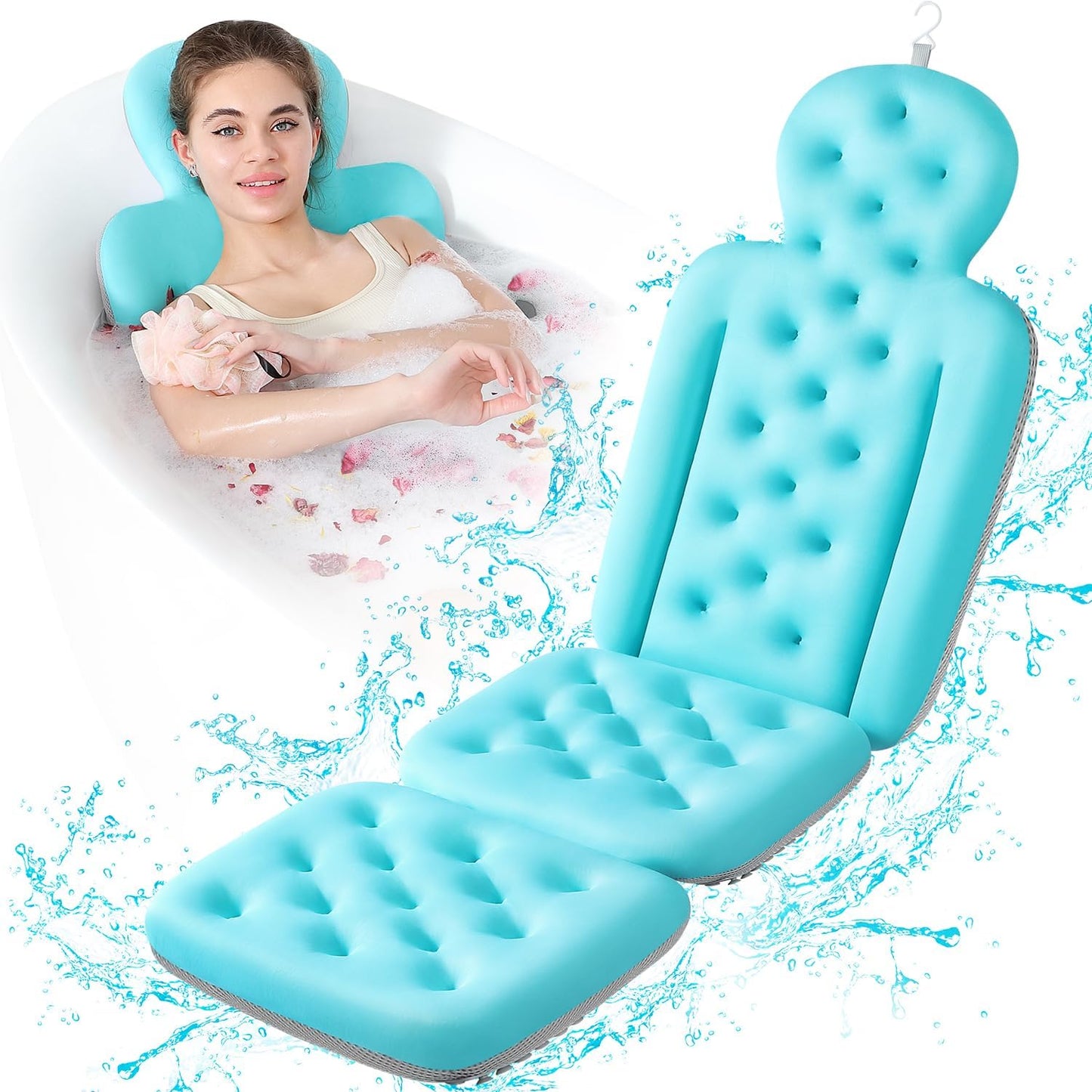 Luxury Bath Cushion, Full Body Bathtub Pillow with 160 Suction Cups, Bath Mat for Head and Neck Support, with Laundry Bag (White, 60.2" x 16.2")