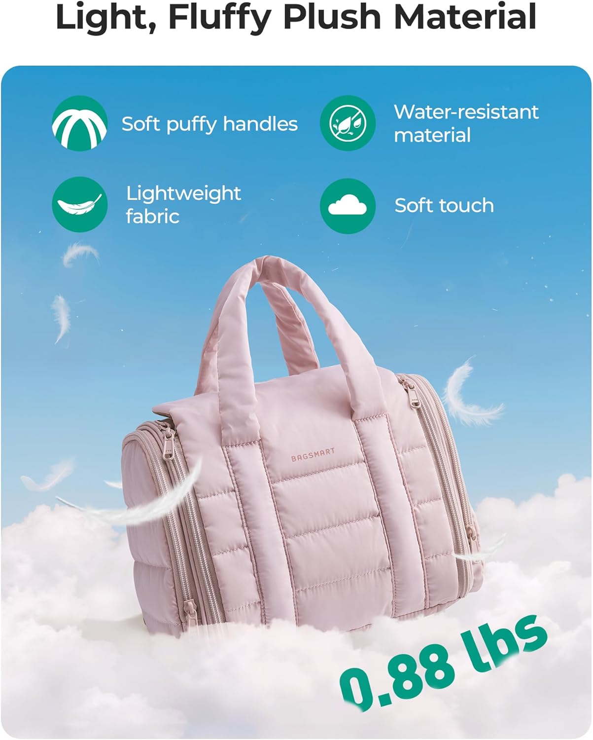 BAGSMART Puffy Travel Makeup Bag, Portable Hanging Toiletry Organizer with Removable Partition, Organizer for Travel-Sized Shampoo, Conditioner, Brushes Set, makeup Accessories, Camel