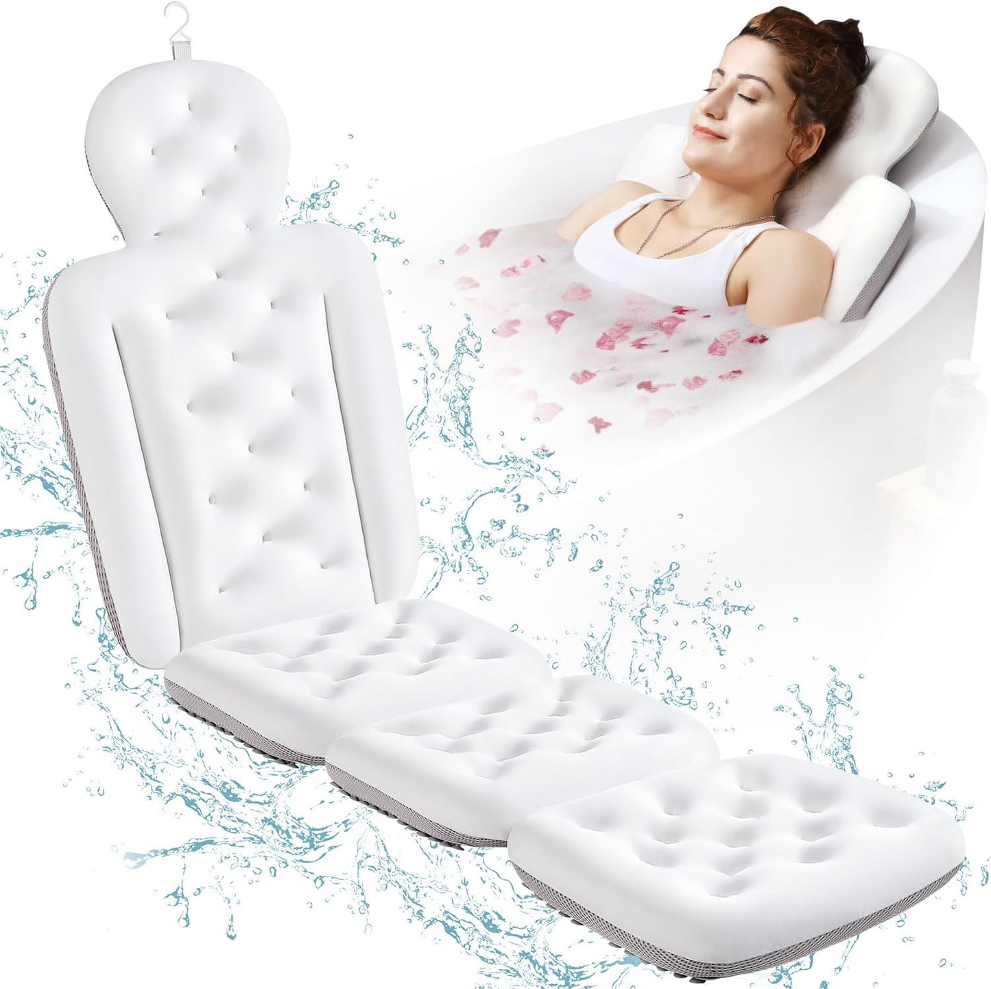 Full Body Bath Pillow for Bathtub, Thick Bathtub Cushion with Laundry Bag, Luxury Tub Pillow for Bath for Headrest Neck and Back Support White 60" x 16"