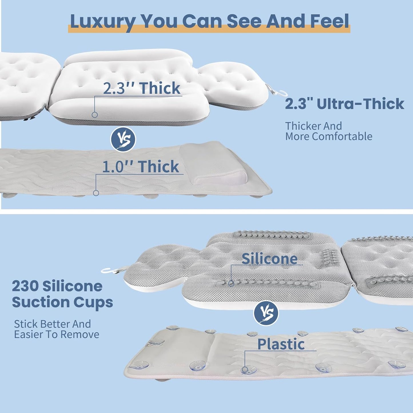Luxury Bath Cushion, Full Body Bathtub Pillow with 160 Suction Cups, Bath Mat for Head and Neck Support, with Laundry Bag (White, 60.2" x 16.2")