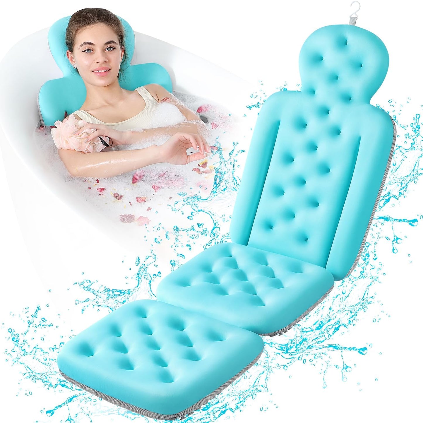Luxury Bath Cushion, Full Body Bathtub Pillow with 160 Suction Cups, Bath Mat for Head and Neck Support, with Laundry Bag (White, 60.2" x 16.2")