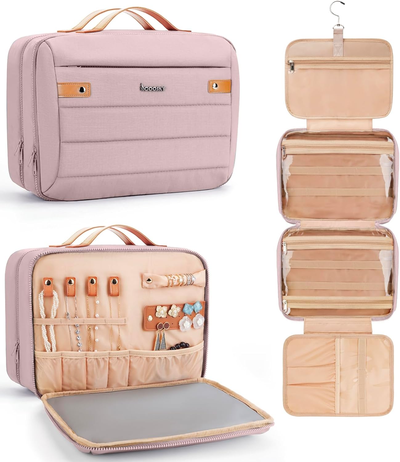 Women's Hanging Toiletry Bag, Waterproof Travel Cosmetic Organizer with Jewelry Storage, Large Capacity Makeup Case for Full-Size Skincare & Bathroom Essentials, Portable Cosmetic kit, Blue