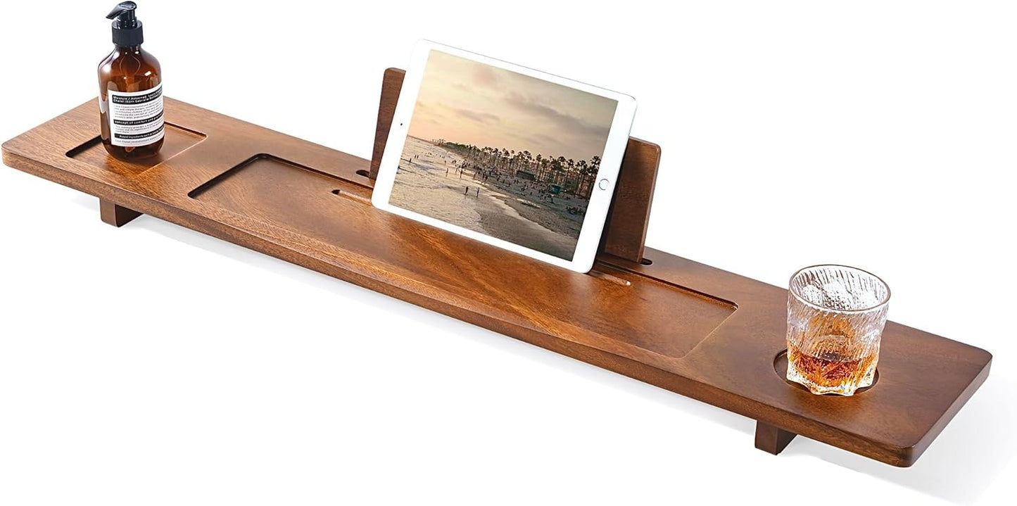 Walnut Bathtub Tray Caddy - 35" Wide Adjustable for Freestanding Tubs, Non-Slip Phone/Wine Holder