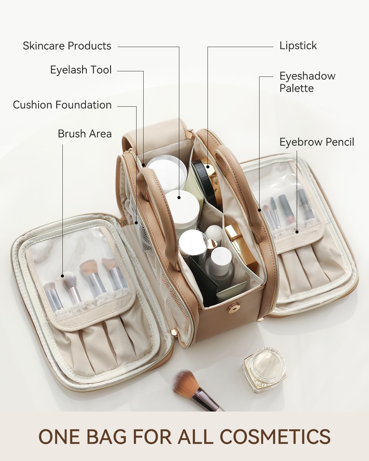 Prite Makeup Bag for Women, Large Capacity Waterproof Travel Cosmetic Organizer, Portable Open Flat Toiletry Bag with Free-standing Brush Holder and Handle(Beige Brown Medium)