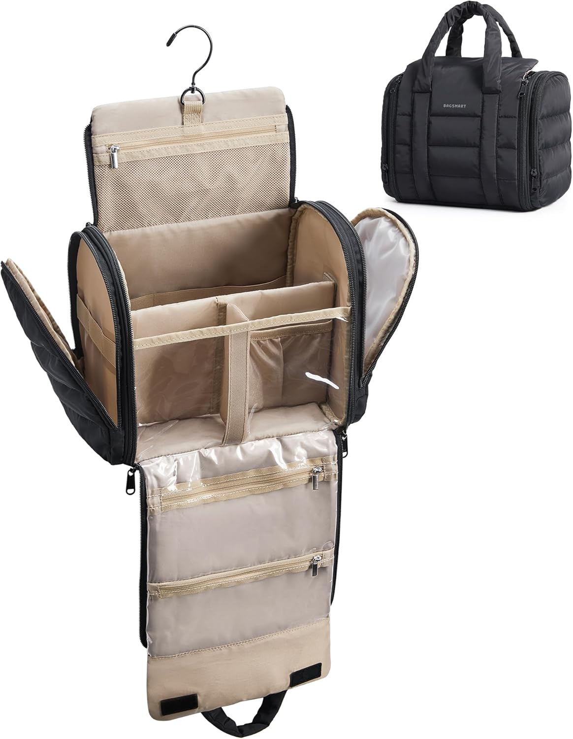 BAGSMART Puffy Travel Makeup Bag, Portable Hanging Toiletry Organizer with Removable Partition, Organizer for Travel-Sized Shampoo, Conditioner, Brushes Set, makeup Accessories, Camel