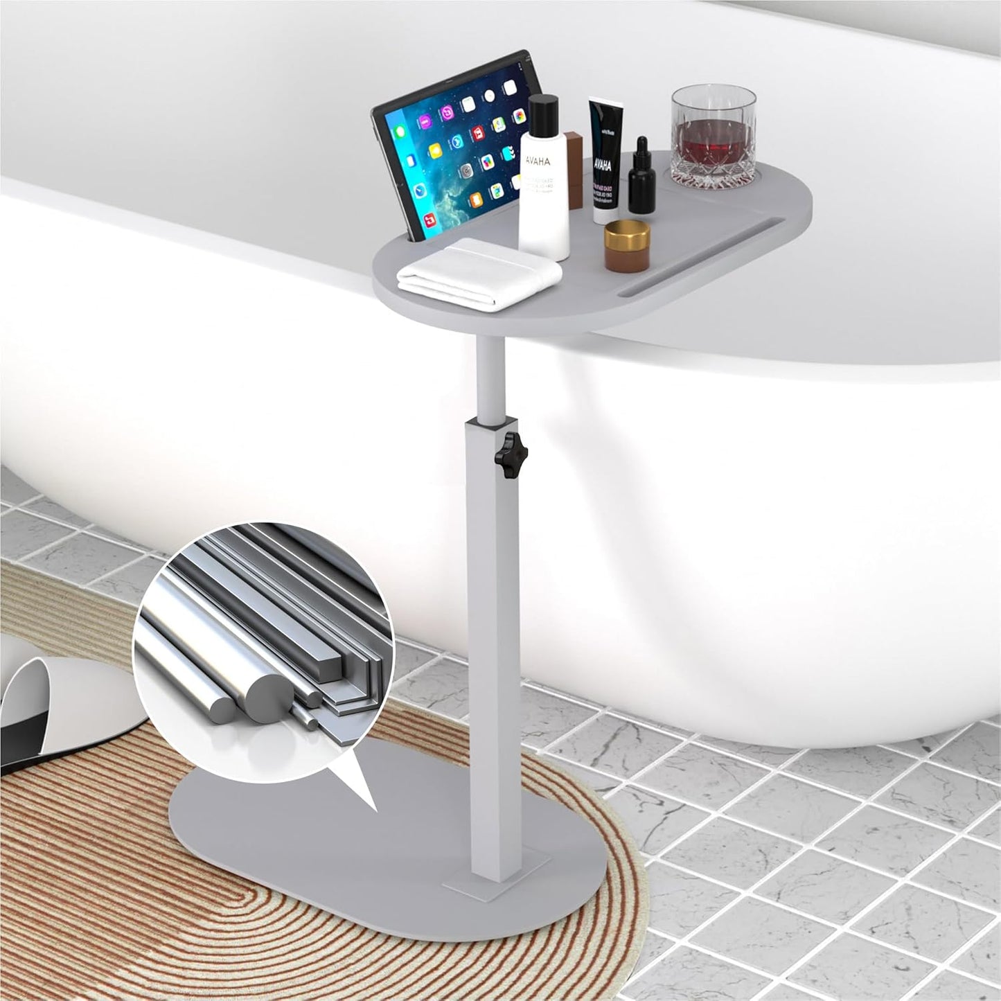 Forevich Bamboo Bathtub Tray Table Bath Side Table with Metal Base Adjustable Height, Portable Freestanding Caddy Tray Tub Shelf for Luxury Bath Home Spa White Table and White Base