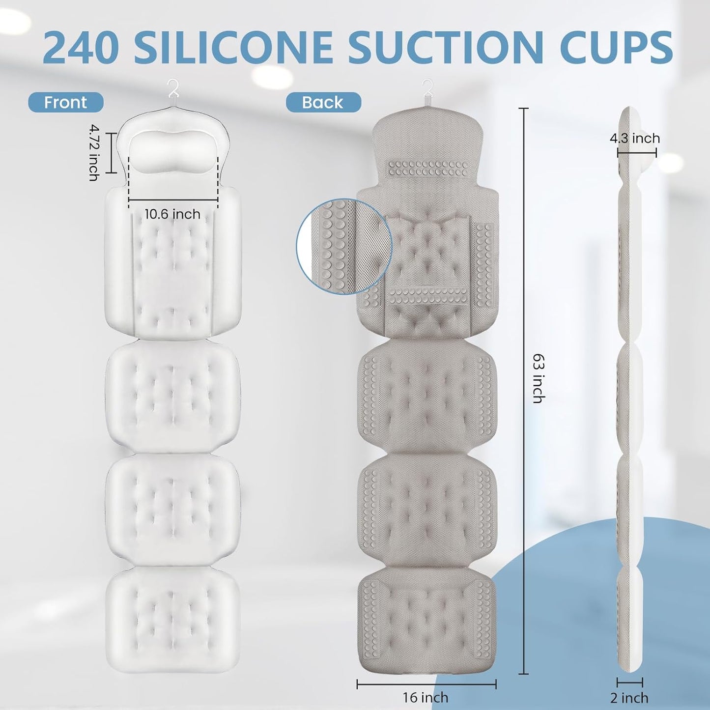 Full Body Bath Pillow, Luxury Bath Cushion with 192 Suction Cups, Bath Pillows for Tub for Head and Neck Support, with Laundry Bag White, 63" x 16"
