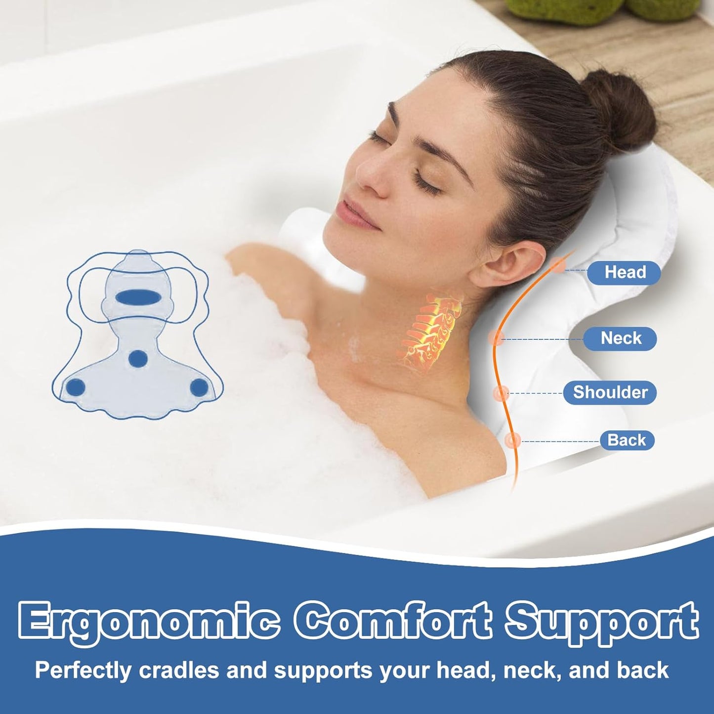 Full Body Bath Pillow for Bathtub, Thick Bathtub Cushion with Non Slip Suction Cups and Laundry Bag, Luxury Tub Pillow for Bath for Headrest Neck and Back Support White 51" x 16"